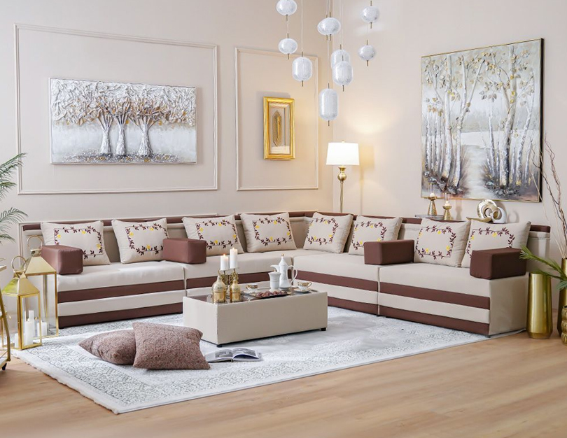 Majlis sofa upholstery with traditional design and elegant patterned fabric