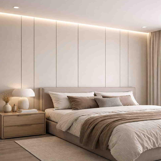 Bedroom wall with PVC decorative panels and contemporary bed design