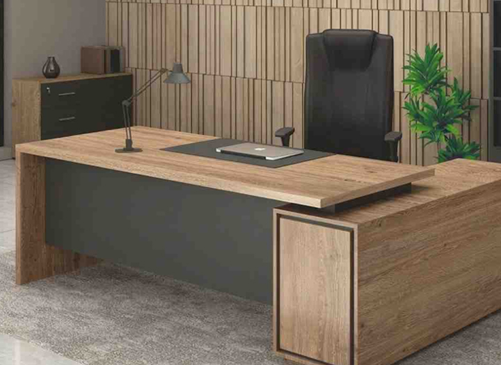 Premium executive office desk with wooden top, modesty panel, and elegant design in a professional workspace