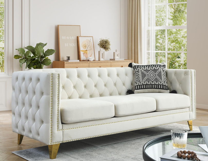 Chesterfield sofa upholstery with tufted design and rolled arms in classic style
