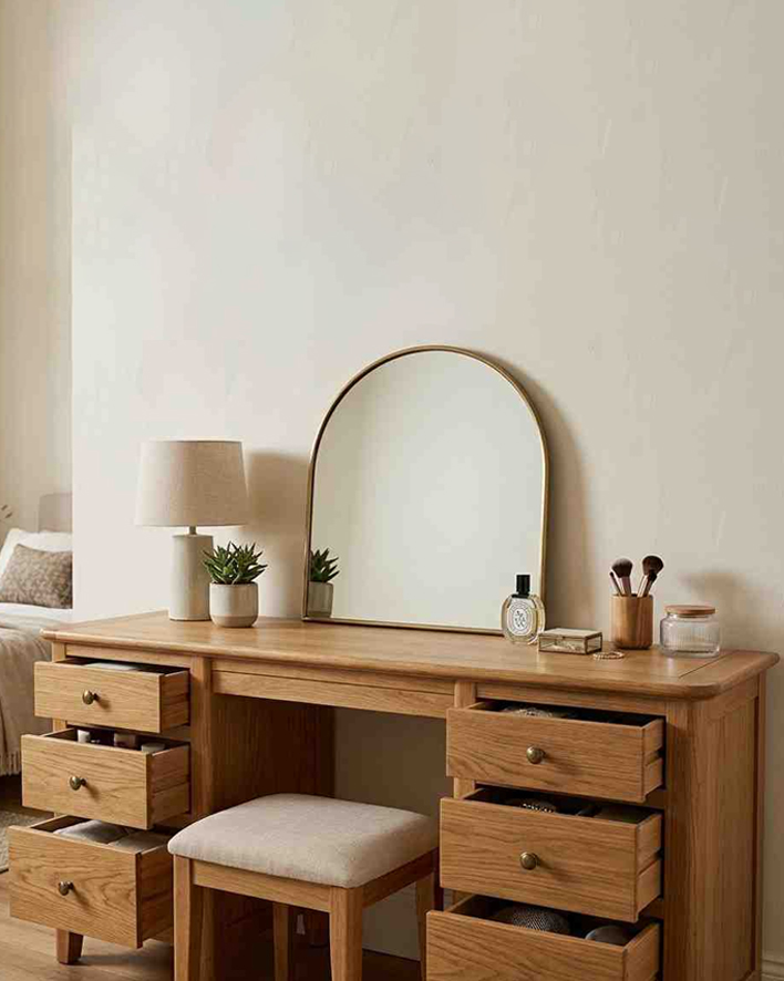 Dressing table with storage drawers and mirror in wooden finish for bedroom