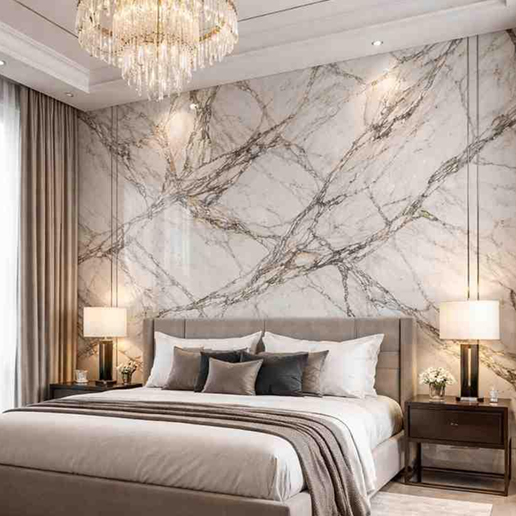 Bedroom wall with marble-effect cladding and luxury bed design