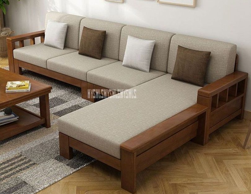 L-shape sofa upholstery with corner design and tailored fabric alignment