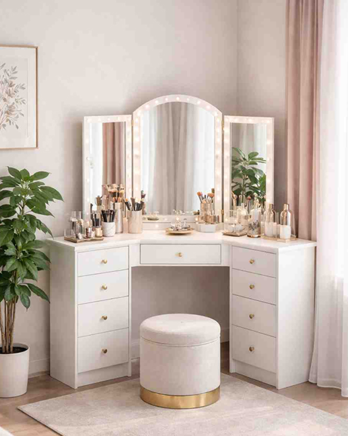 Corner dressing table with mirror lights and storage drawers for space-saving bedroom design