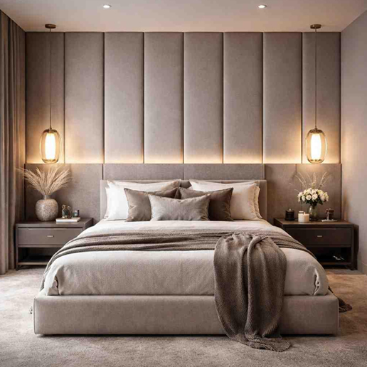 Bedroom wall with fabric upholstered panels and modern bed design