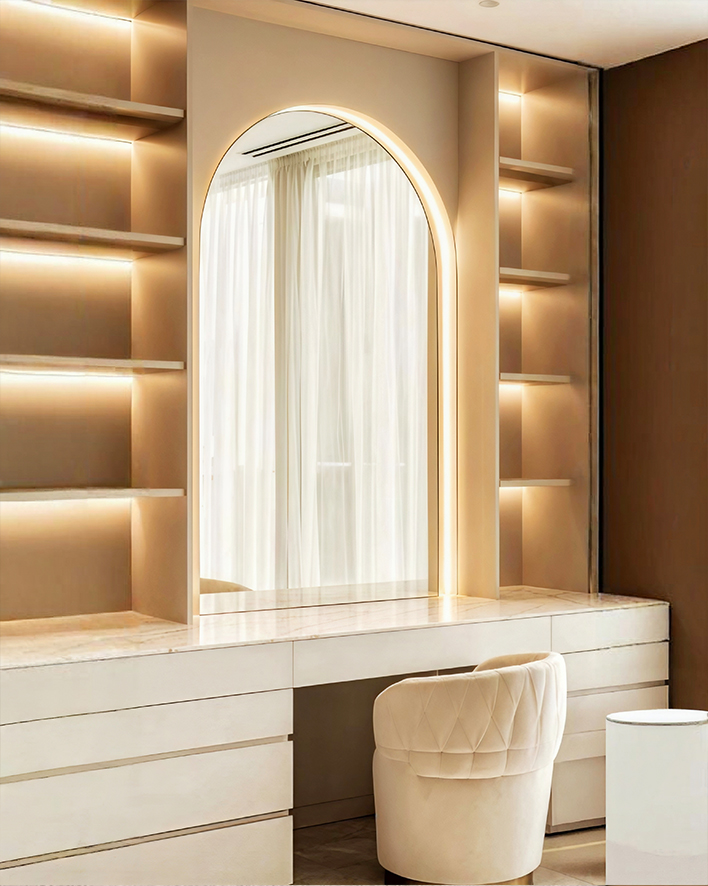 Luxury dressing table with LED mirror, premium wood finish and built-in storage in modern bedroom