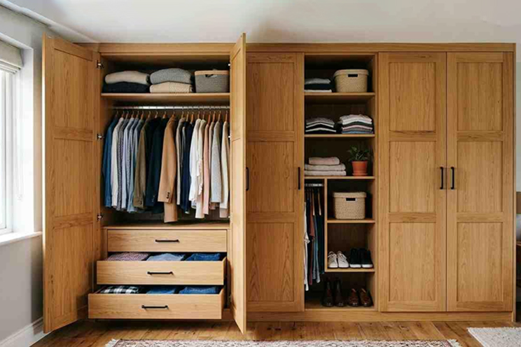 Custom wooden wardrobe with shelves, drawers, and hanging storage space