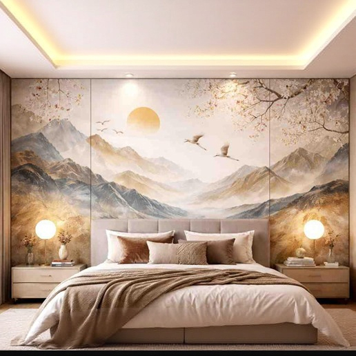 Bedroom wall with custom printed panels featuring scenic wall art design