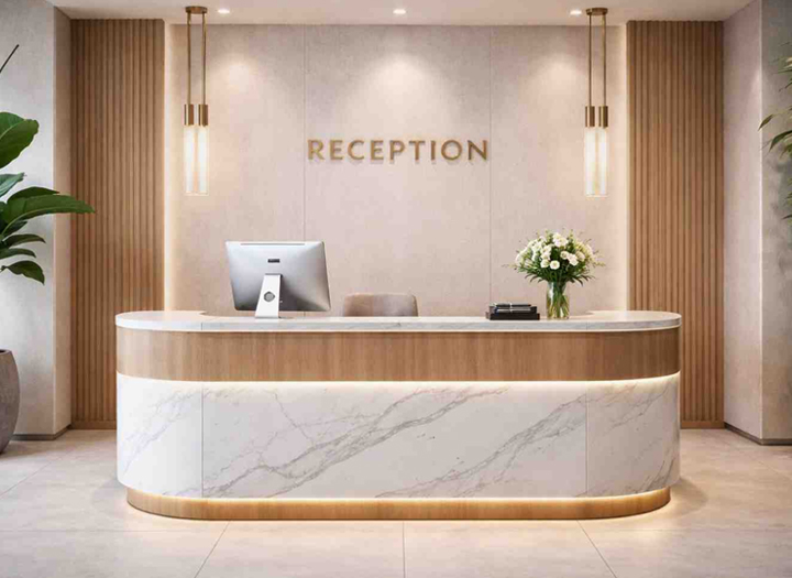 Modern reception desk with marble and wood finish, designed for office front desk and welcoming area