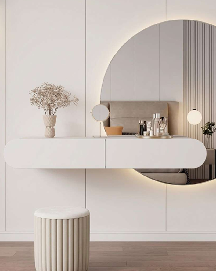Minimalist dressing table with round mirror, clean design and compact storage for modern bedroom