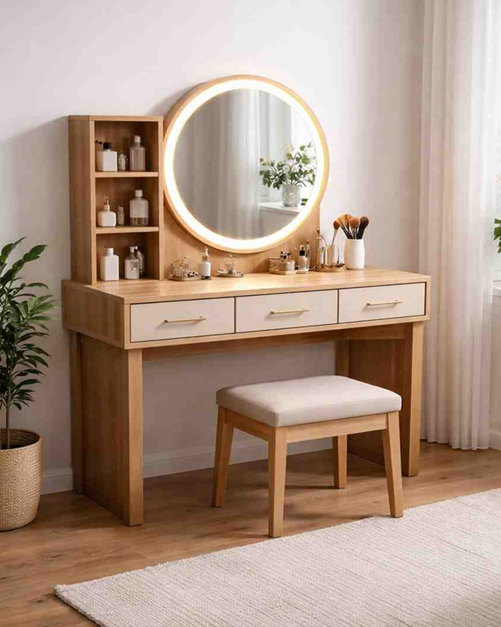 Makeup vanity dressing table with mirror, drawers and wooden finish for modern bedroom