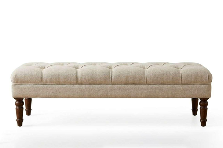 Tufted ottoman bench with upholstered seat and wooden legs