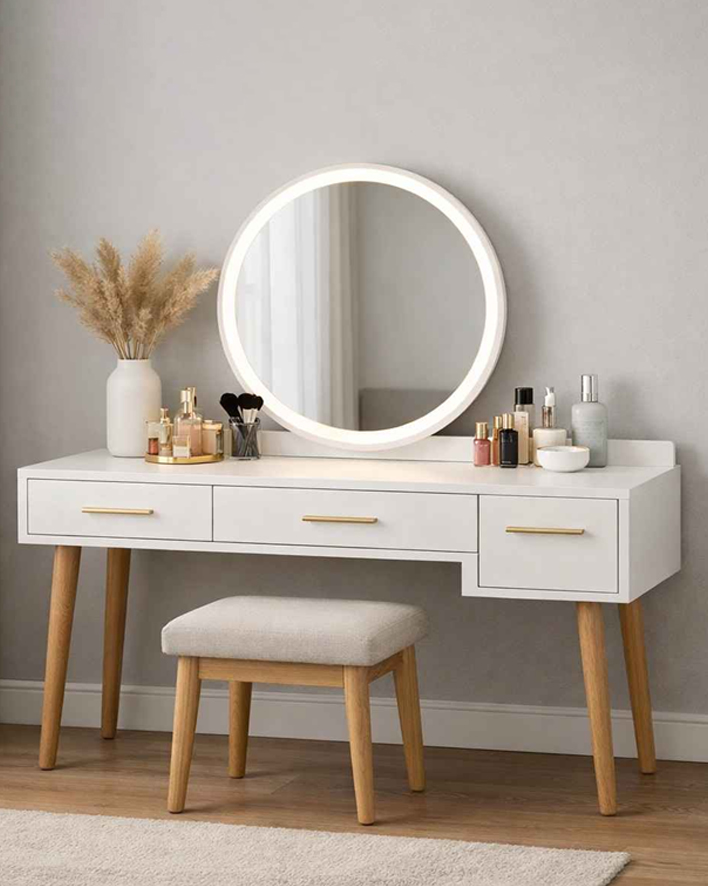Dressing table with LED mirror, drawers and modern design for bedroom lighting and grooming