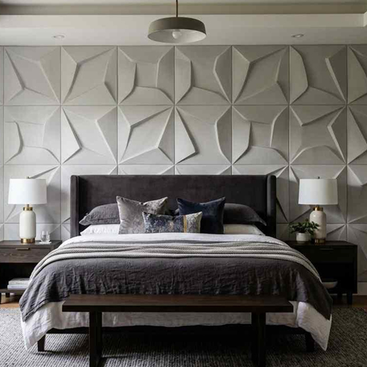 Bedroom wall with 3D panel design and modern bed setup