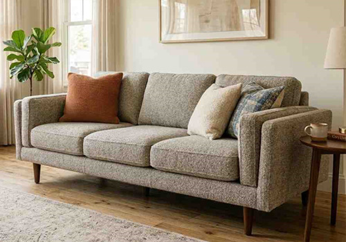 Wool and tweed sofa upholstery with textured fabric and long-lasting durability