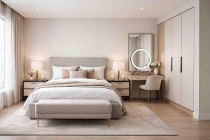 Custom made bedroom furniture in Dubai with modern bed, wardrobe, and dressing table design