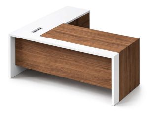 Custom modern office desk with wooden finish and white frame, featuring integrated cable management and sleek executive design