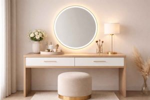 Custom made dressing table in Dubai with round LED mirror, wooden finish, drawers and modern stool