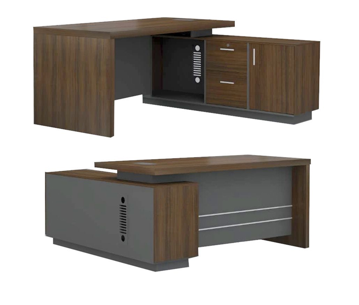 Modern executive office desk with wooden finish, side storage cabinets, drawers, and integrated CPU compartment for organized workspace