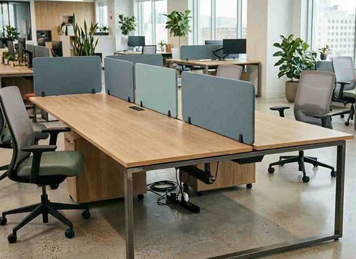 Space-saving office desks with wooden finish and partition panels, designed for shared workspaces and wall-mounted configurations