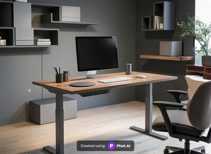 Height-adjustable standing desk with computer setup in a modern office, promoting ergonomic work posture