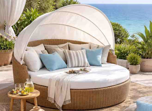 Outdoor chaise daybed upholstery with round wicker frame and soft cushions