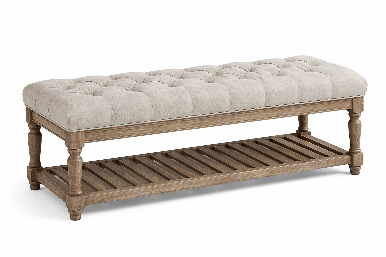 Tufted bench upholstery with cushioned seat and wooden base