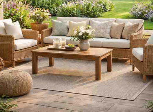Garden furniture upholstery with wicker sofa set and comfortable cushioned seating