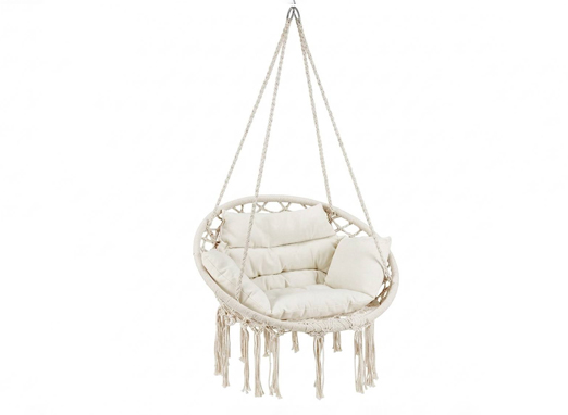 Hanging hammock chair with rope support and soft upholstered cushion seating