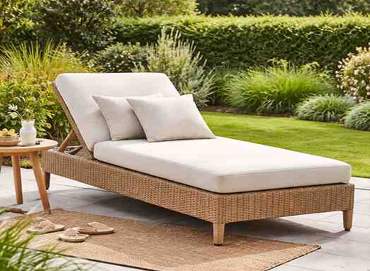 Outdoor lounge chair upholstery with adjustable backrest and padded cushions