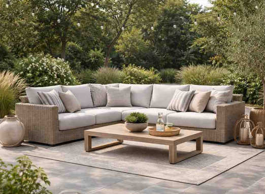 Outdoor sofa upholstery with sectional seating and soft durable cushions