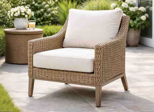 Patio chair upholstery with wicker frame and comfortable cushioned seating
