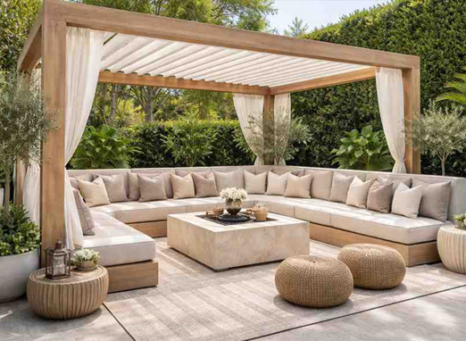 Pergola seating upholstery with cushioned sectional sofa and outdoor wooden structure