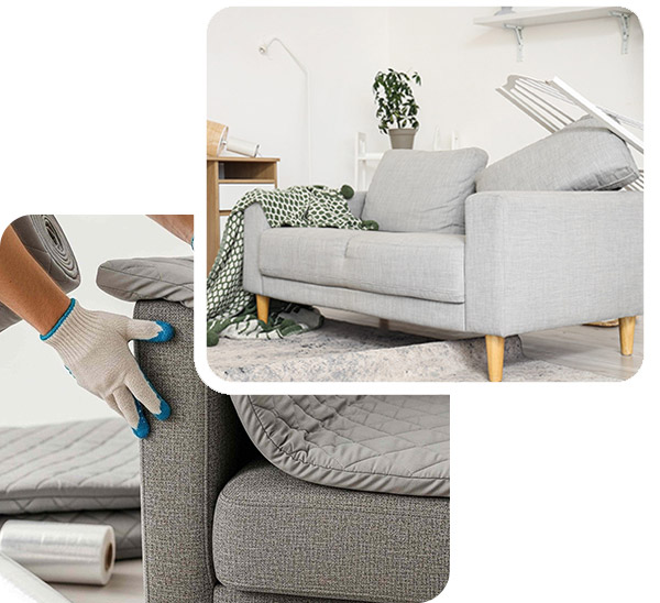 Furniture upholstery process showing sofa repair and cushion fitting
