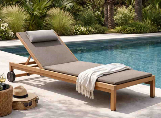 Sunbed upholstery with adjustable outdoor lounger and weather-resistant cushion