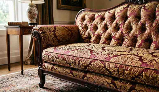 Brocade fabric upholstery with ornate and traditional pattern