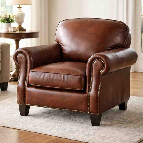 Club armchair with leather upholstery and cushioned seating