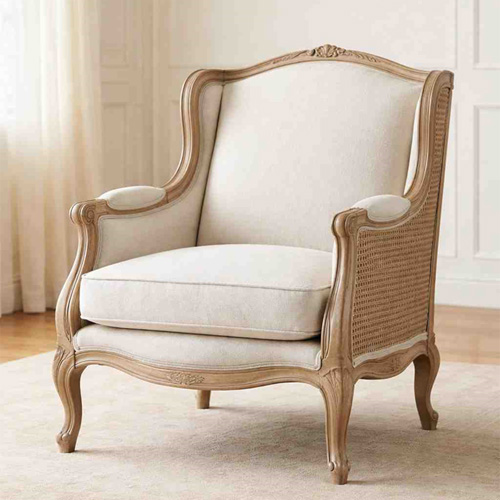 Bergere armchair with classic wooden frame and upholstered seat