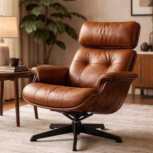 Lounge armchair with leather upholstery and reclining comfort design