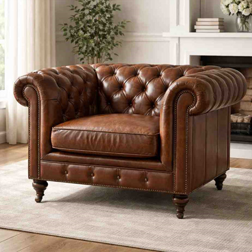 Chesterfield armchair with tufted leather upholstery and classic design