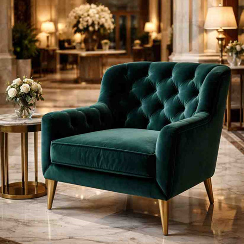Velvet armchair in hotel lobby with elegant and luxurious design