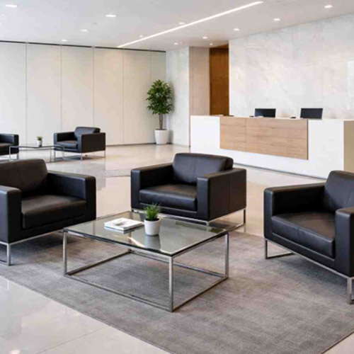 Leather armchairs in office reception area with modern professional look
