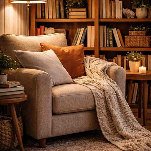 Comfortable armchair in reading corner with soft cushions and cozy setup