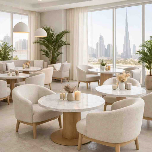Upholstered armchairs in restaurant lounge with elegant seating arrangement