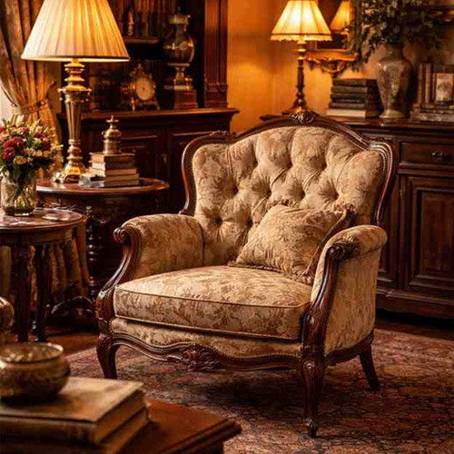 Classic vintage armchair with patterned upholstery and carved wooden frame