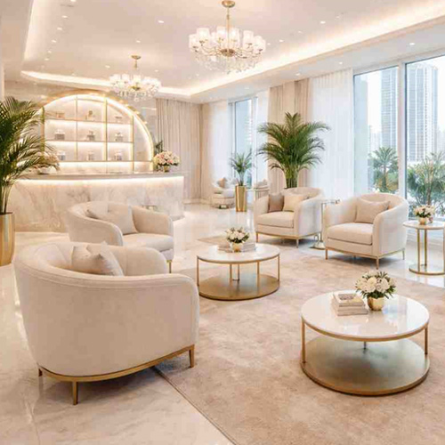 Comfortable upholstered armchairs in clinic or salon waiting area