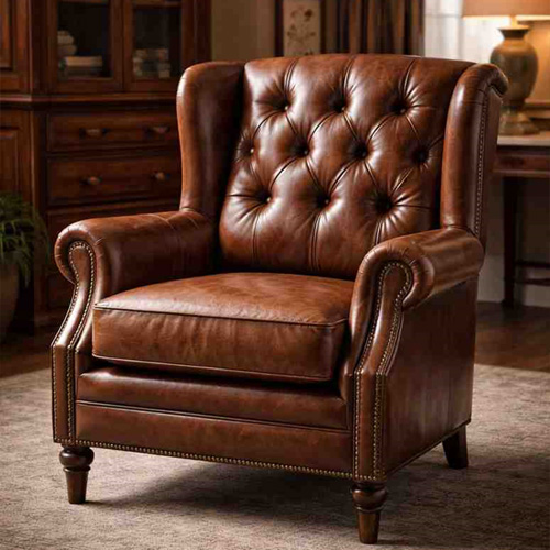 Leather upholstered armchair with classic tufted design and premium finish