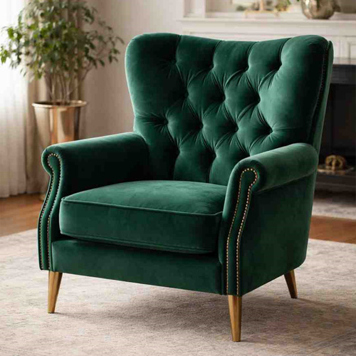 Velvet upholstered armchair with tufted design and rich texture