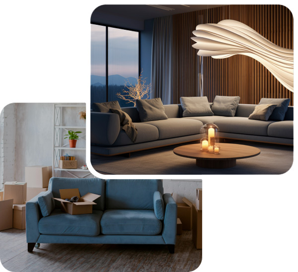 Furniture upholstery service with modern sofa and interior design setup