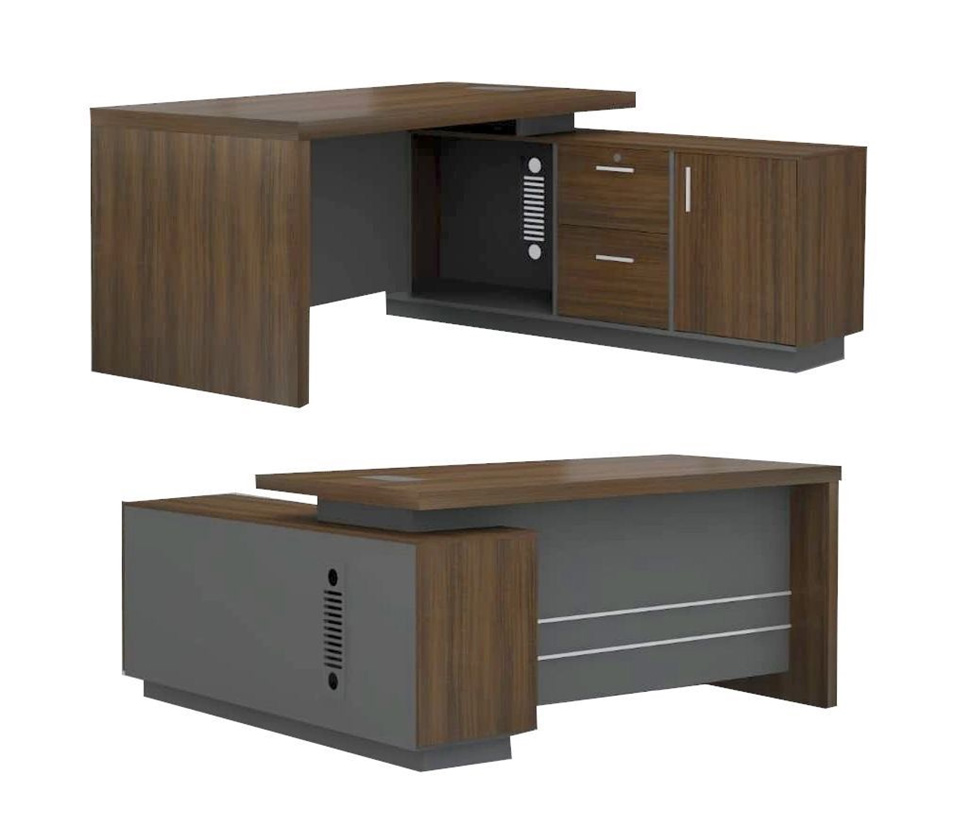 Modern wooden office desk with storage drawers and side cabinet for workspace organization